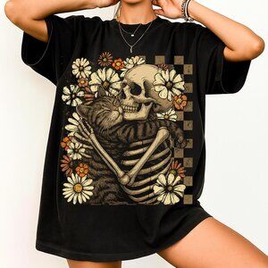 Skeleton Hugging Cat Shirt, Boho Floral Fall Tee